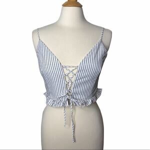 Tie Up Front Criss Cross Tank Crop Top Ruffle Detail Blue/Grey Stripes D11